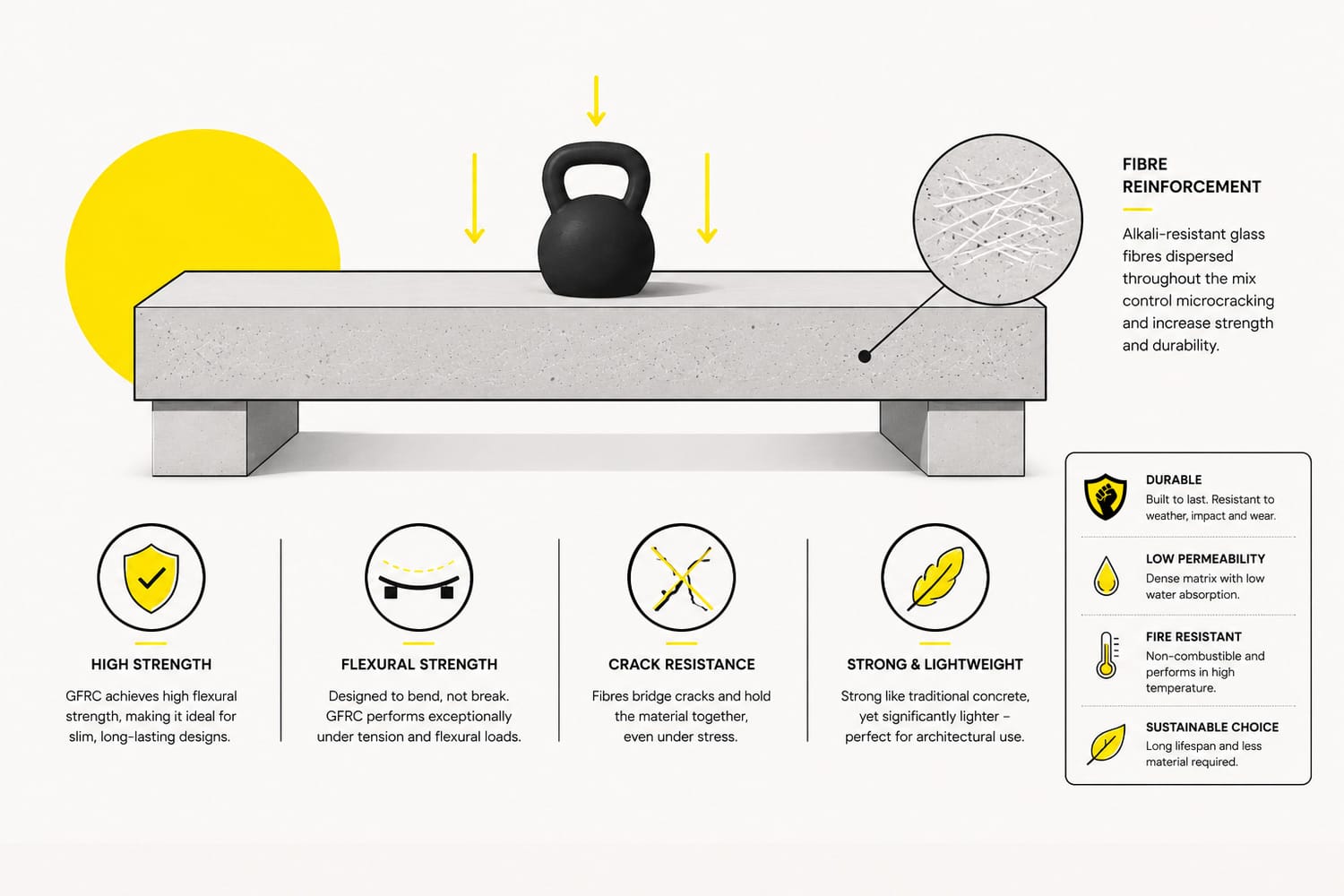 Infographic explaining the strength of Glass Fibre Reinforced Concrete (GFRC), showing a lightweight concrete bench supporting a heavy load, internal glass fibre reinforcement, and the material's high strength, crack resistance and durability.