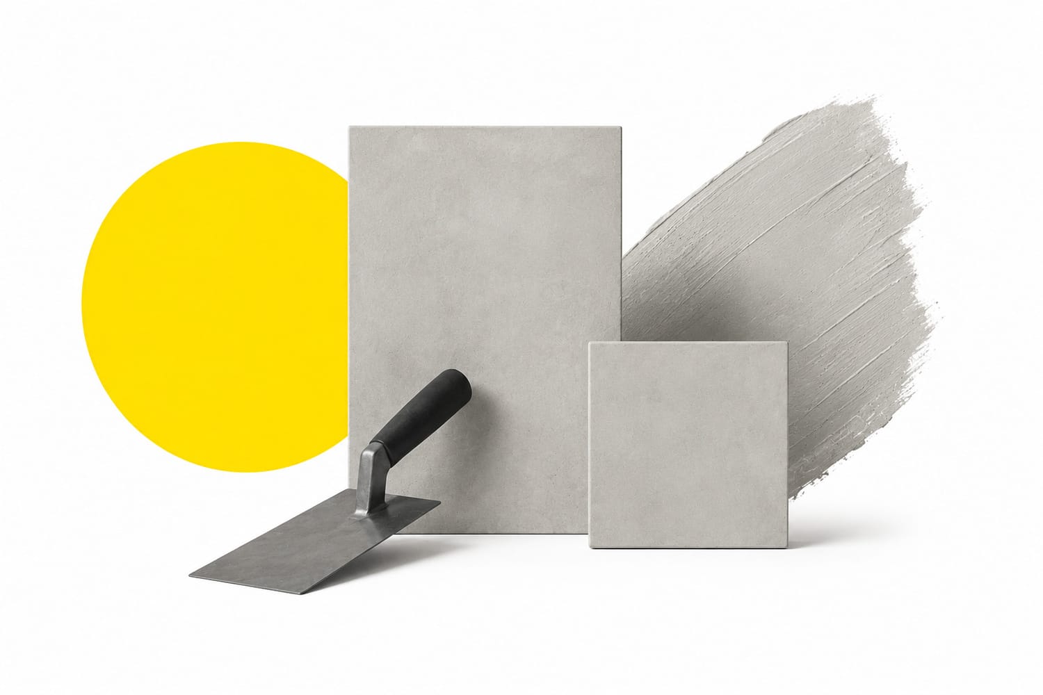 Illustration of microcement application tools with sample panels and a hand-applied microcement finish, representing seamless decorative concrete surfaces.