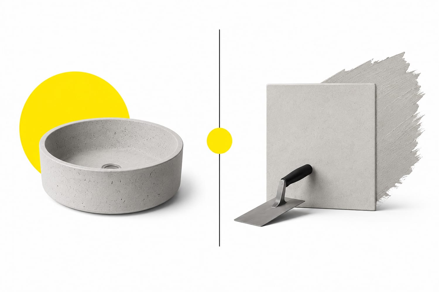 Comparison illustration showing a GFRC concrete basin alongside a hand-applied microcement finish, highlighting the difference between structural GFRC products and decorative microcement.