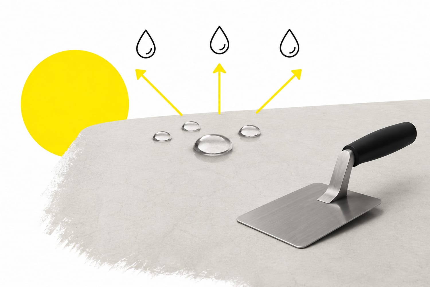 Illustration of a sealed microcement surface repelling water droplets, showing how a protective sealer helps create a water-resistant finish for bathrooms and wet areas.