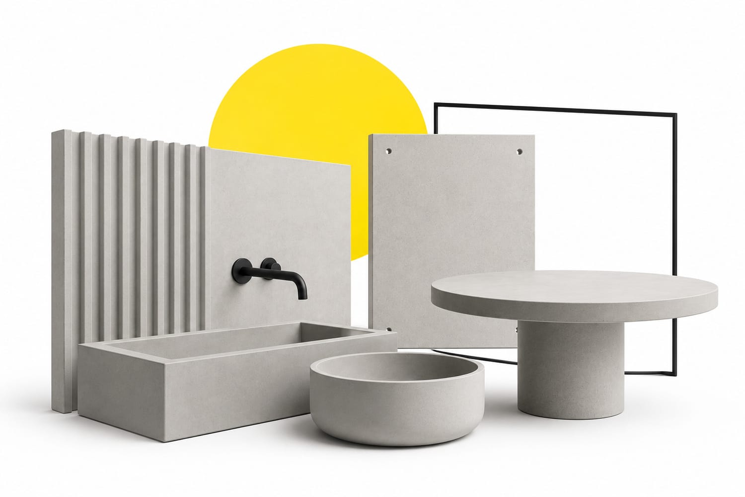 Collection of architectural GFRC products including concrete wall panels, a basin and furniture, demonstrating the versatility of glass fibre reinforced concrete.