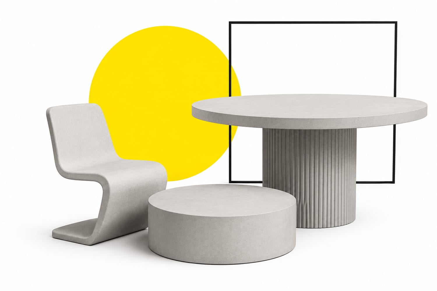 Modern GFRC concrete furniture including a dining table, chair and coffee table, illustrating lightweight architectural concrete furniture design.