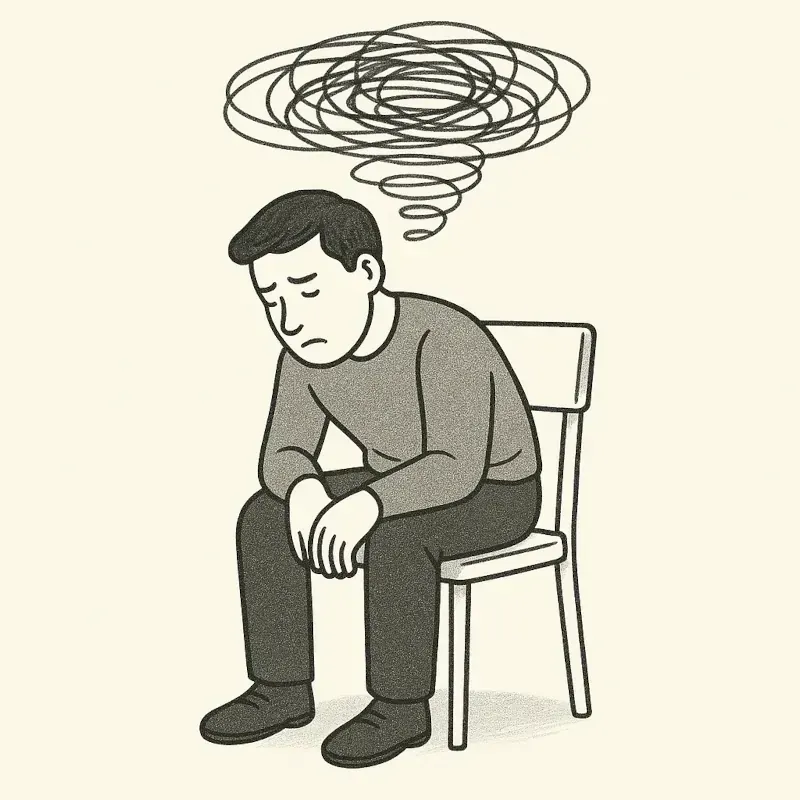 Handgezeichnete Schwarz-Weiß-Illustration eines nachdenklichen Mannes mit kreisenden Gedanken über dem Kopf – Symbol für das Gedankenkarussell beim Overthinking.