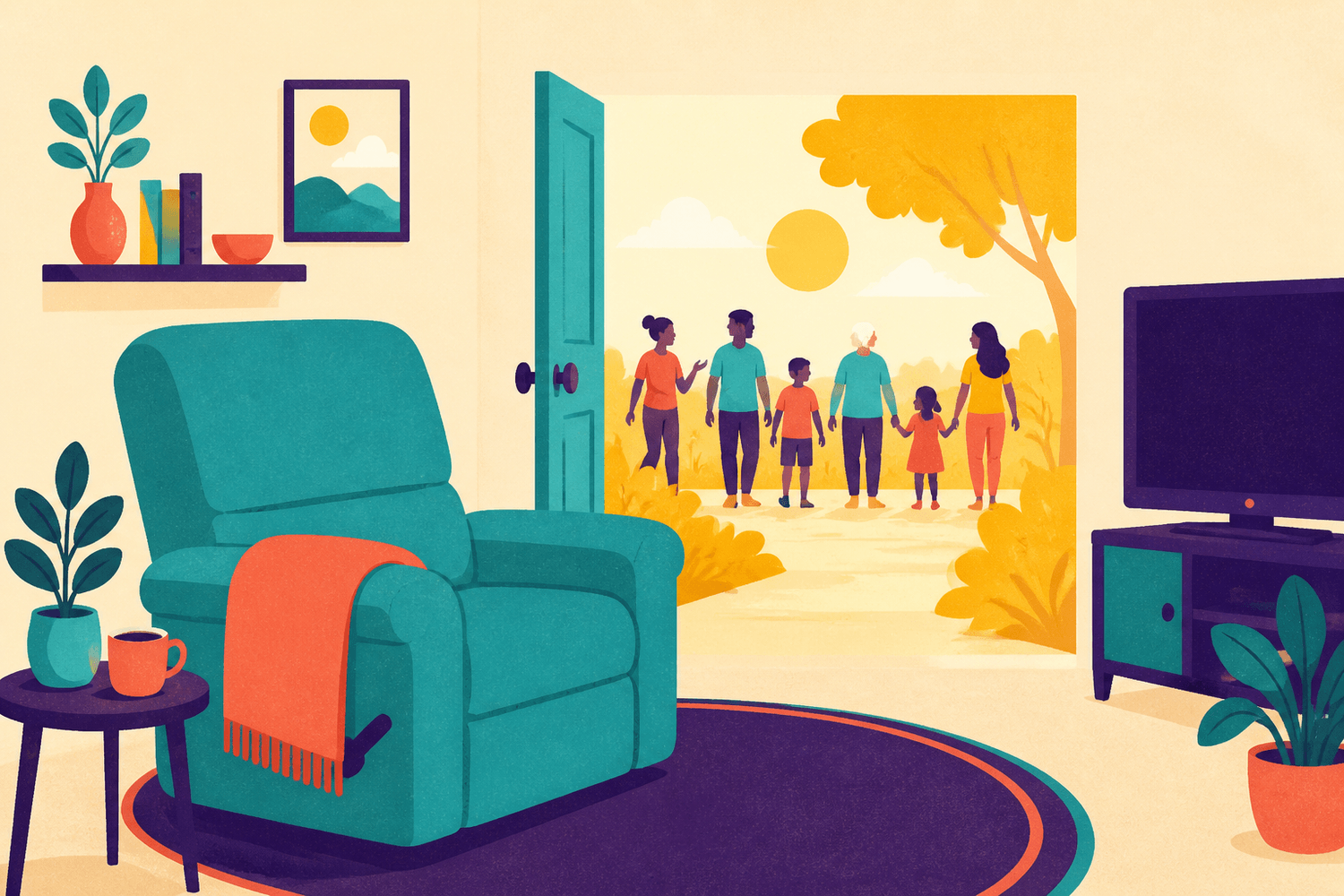 Ilustracion: un sillon reclinable vacio en el salon y una puerta abierta al fondo.