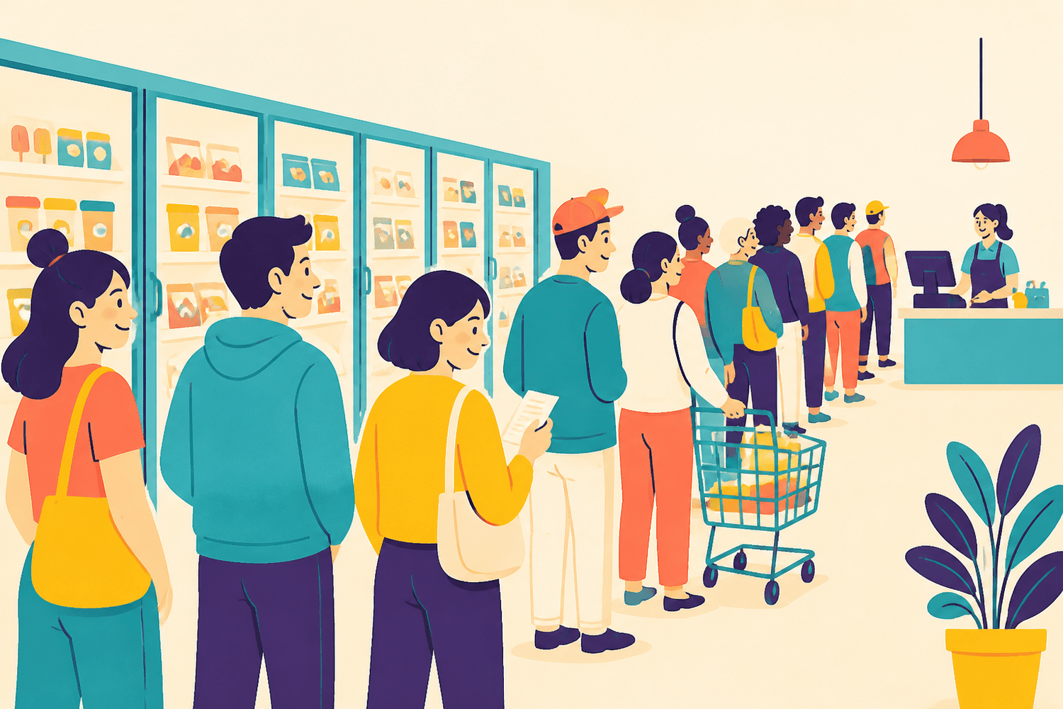 Ilustracion: la cola de clientes recorre el pasillo hasta la caja donde trabaja Johnny.