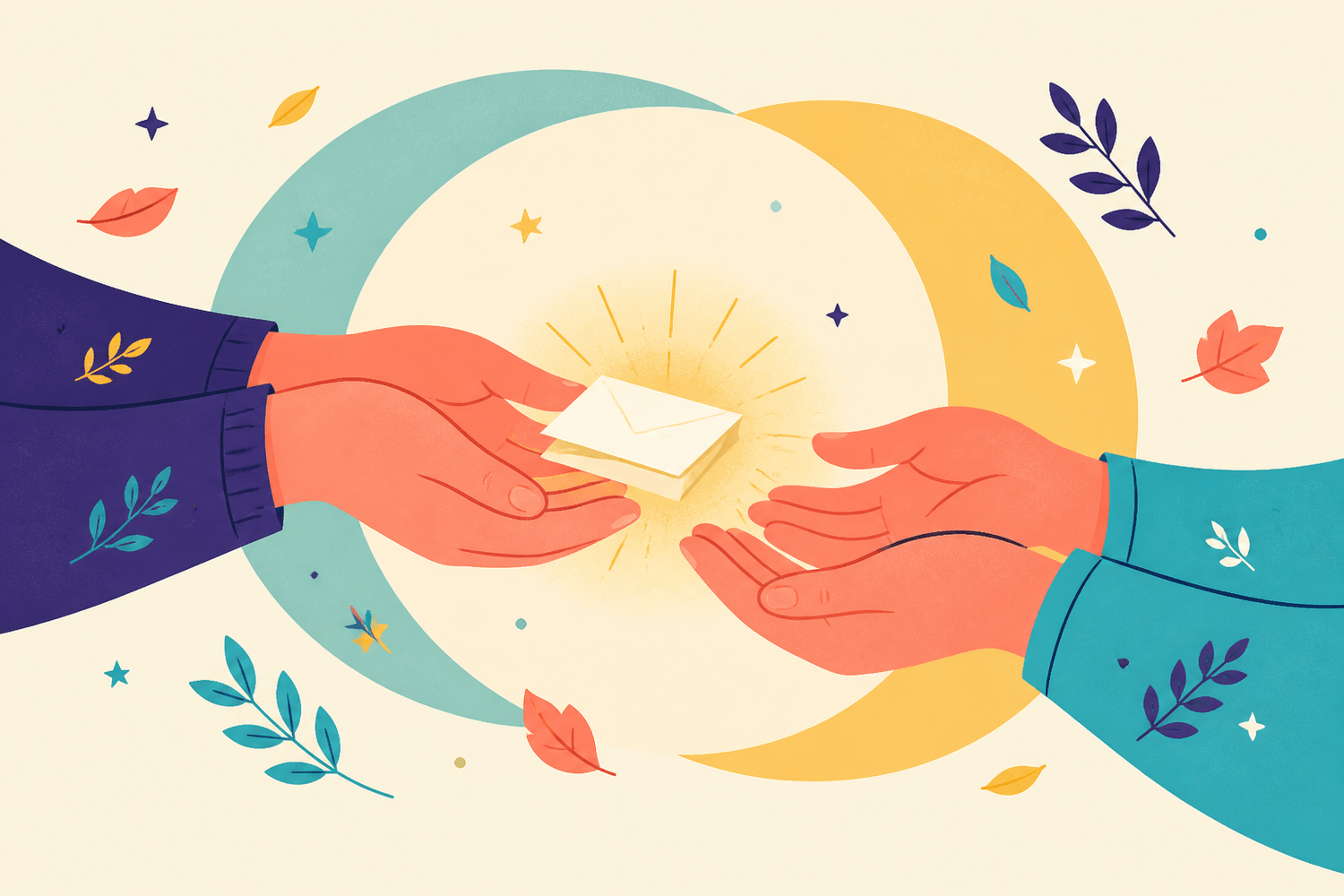 Ilustracion: unas manos entregan una nota de papel muy pequena que brilla.