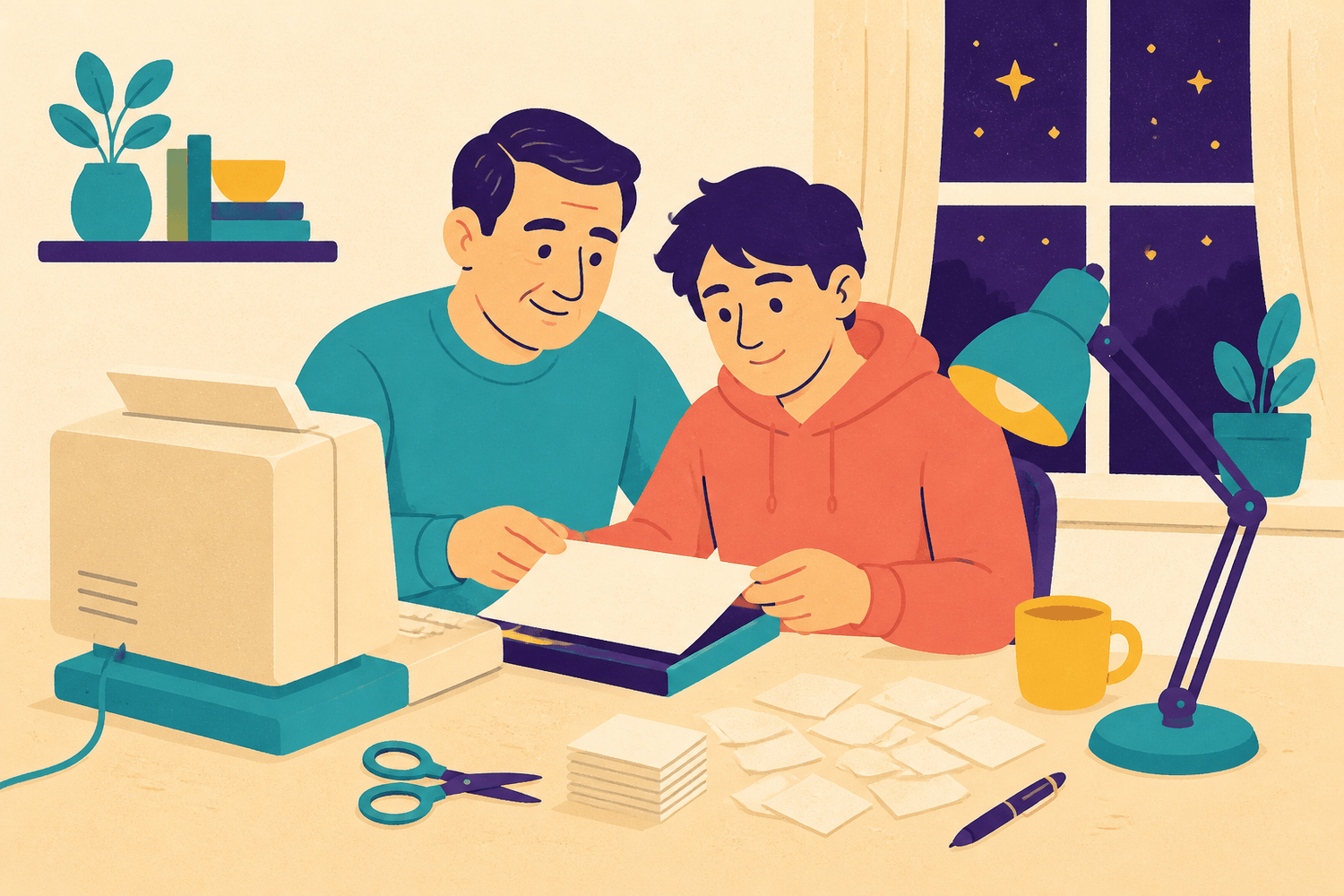 Ilustracion: el padre y Johnny preparan e imprimen las frases en el escritorio de casa, de noche.