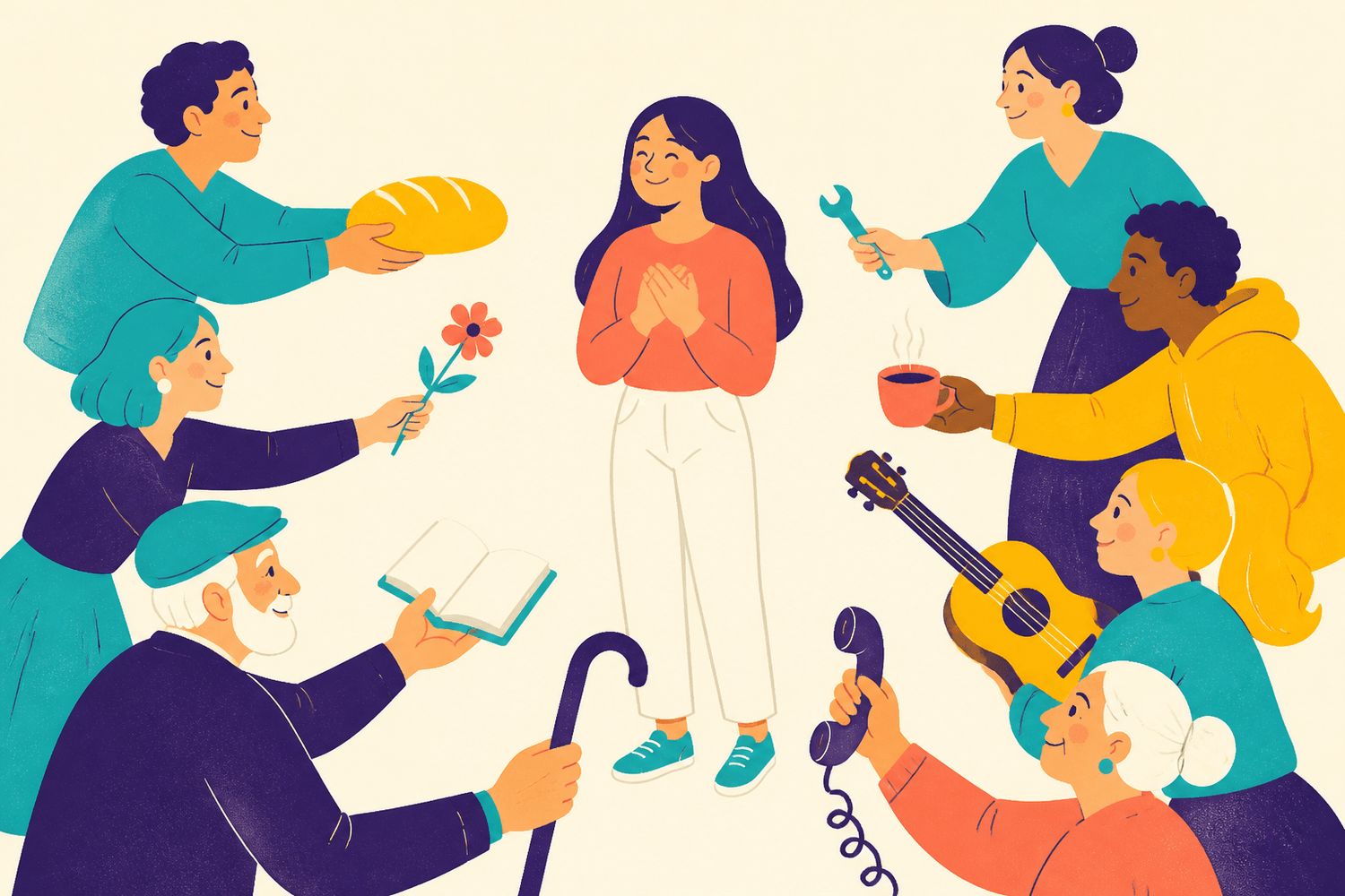 Ilustracion: personas muy distintas en circulo, cada una ofreciendo algo diferente.