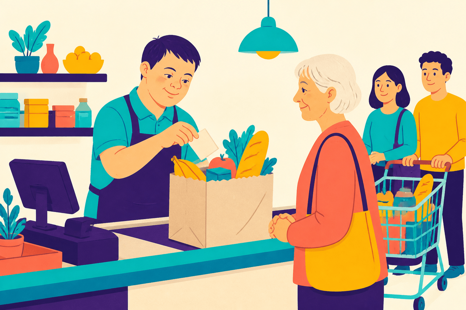 Ilustracion: Johnny coloca una nota escrita a mano en la bolsa de compra de una clienta en la caja.