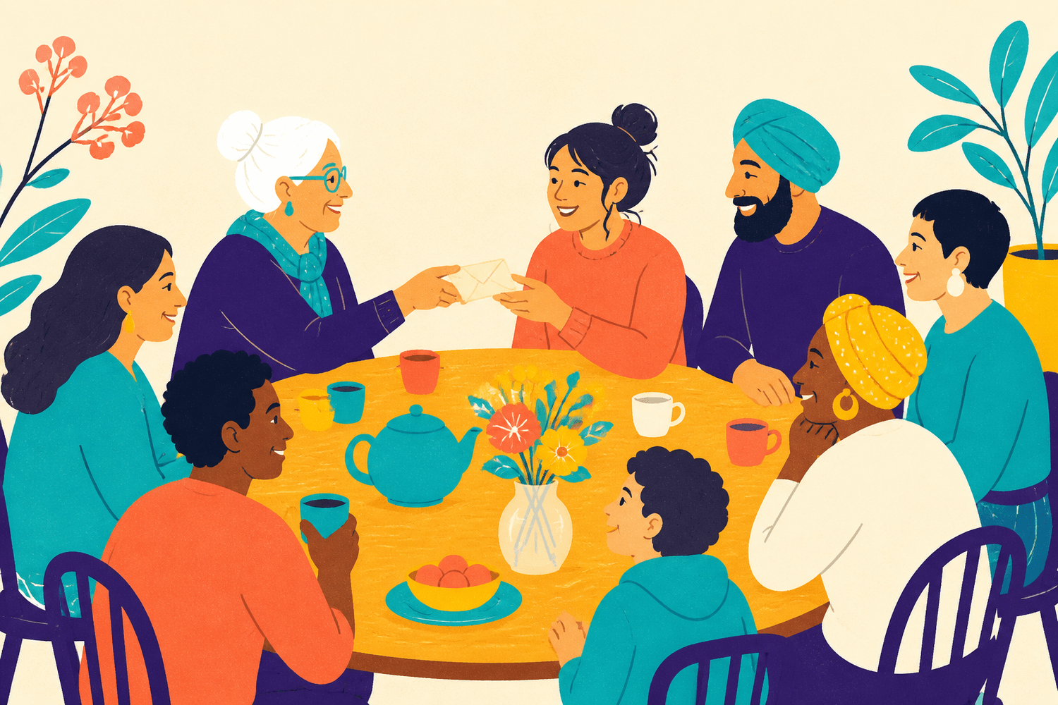 Ilustracion: personas de distintas edades conversando alrededor de una mesa.
