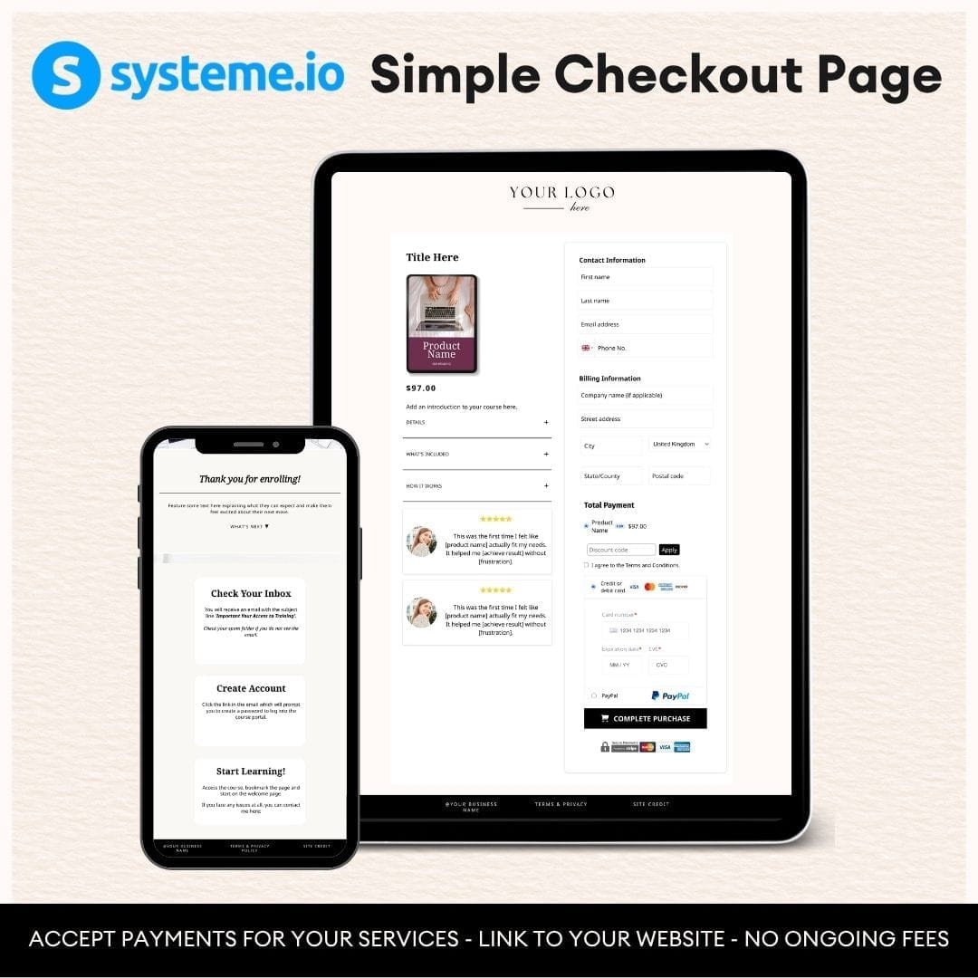Design System Check Out Template Systeme.io Checkout Funnel Template | Simple 2-Page Funnel with Order Bump