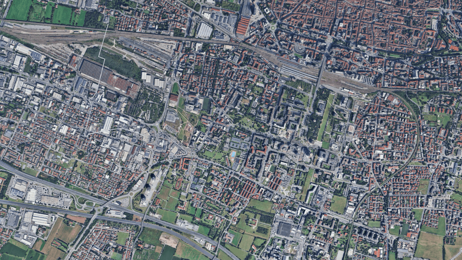 Mappa del quartiere Don Bosco a Brescia con tangenziale, stazione ferroviaria e aree verdi