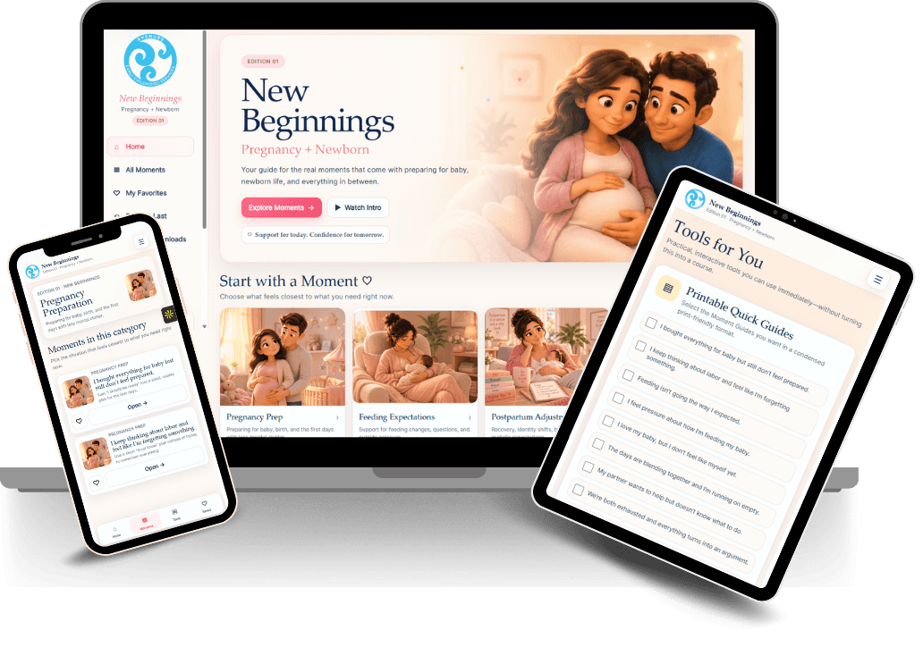 New Beginnings web app shown across laptop, phone, and tablet