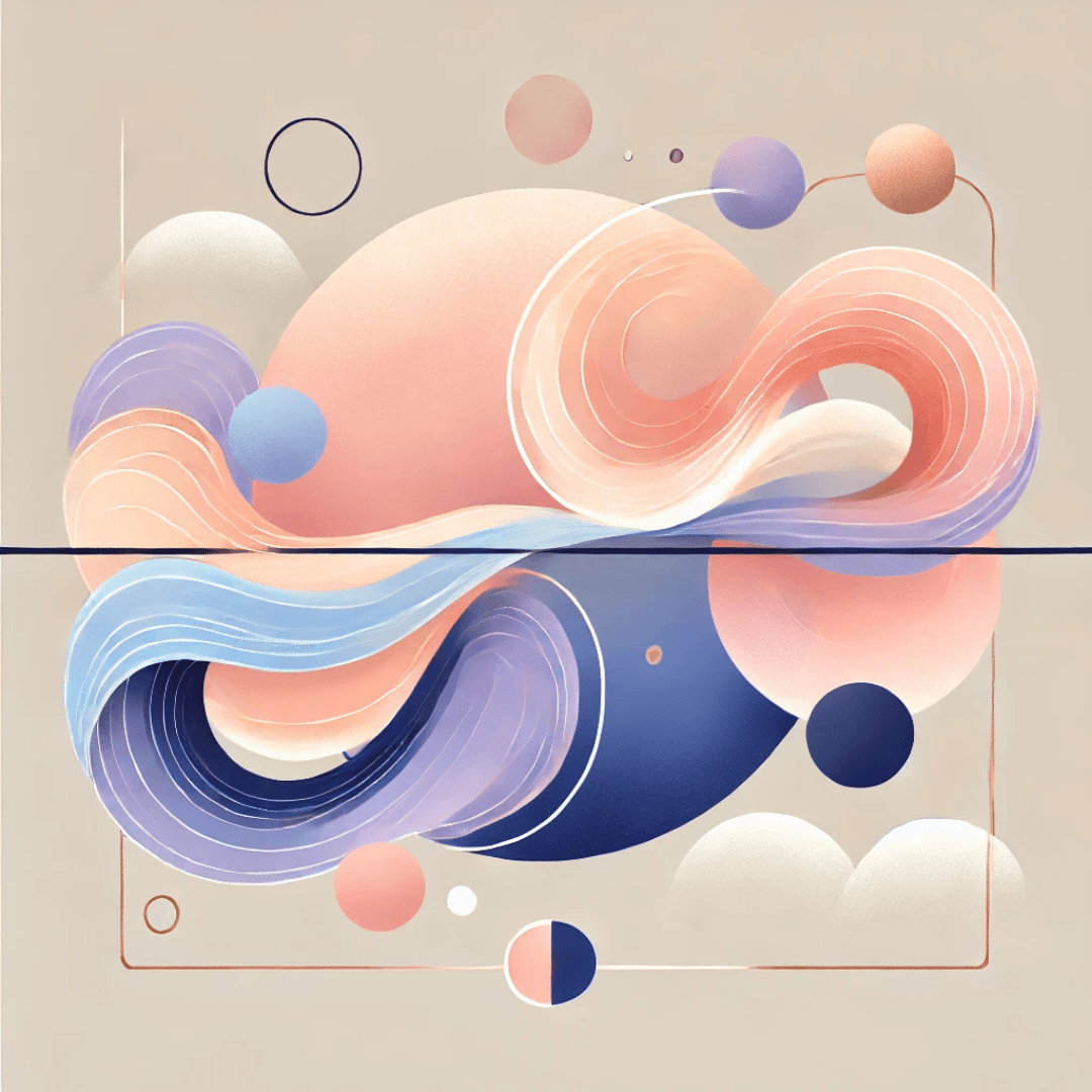 Abstract flowing shapes in pastel tones of peach, lavender, blush pink, and light blue with navy and rose gold accents, symbolising the balance of opposites in business through the Law of Polarity
