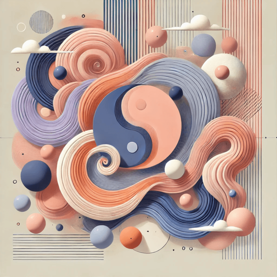A contemporary abstract visual showcasing interconnectedness in business, with swirling shapes in pastel tones of peach, lavender, blush pink, and light blue, accented by rose gold and navy, representing balance and professional growth.