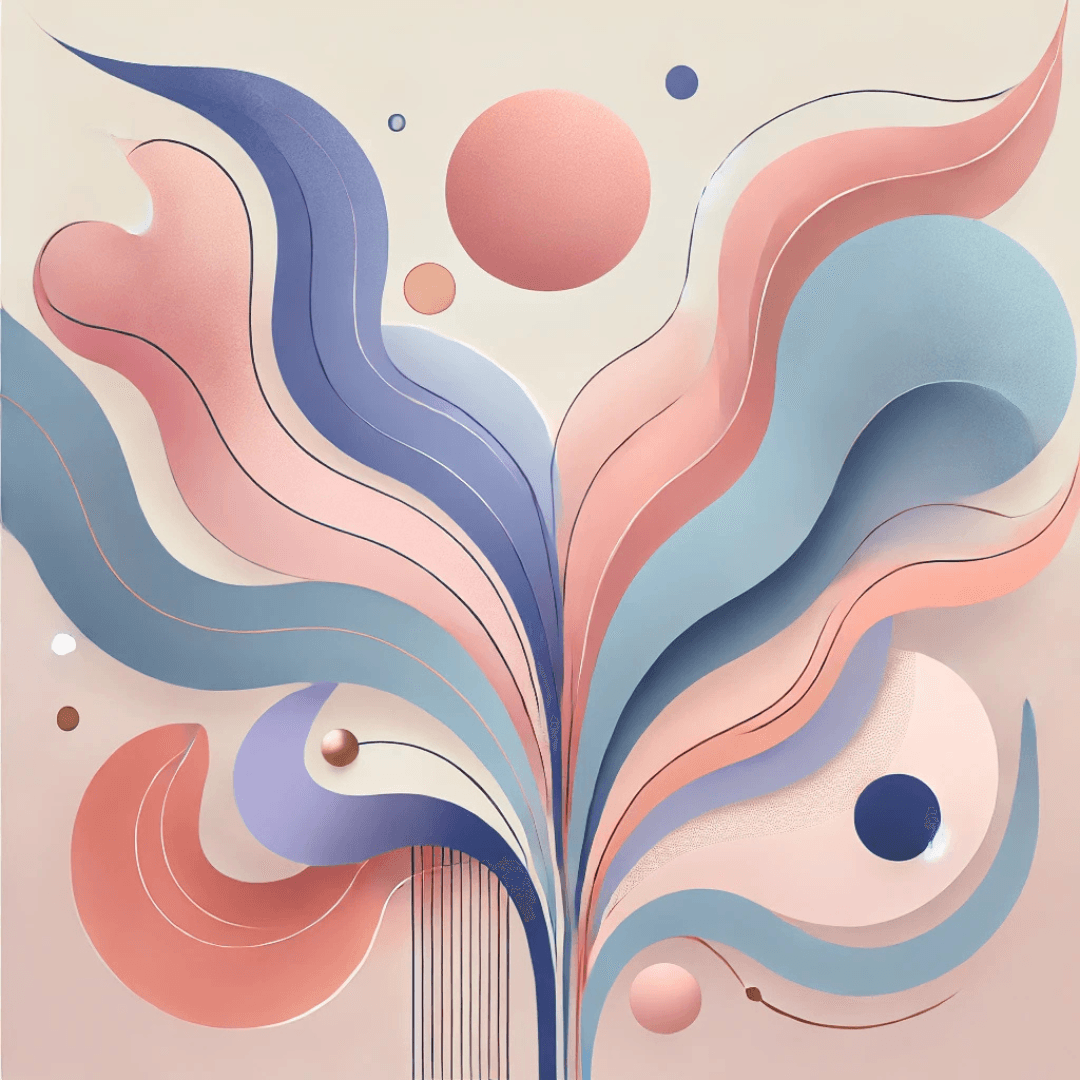 An abstract feminine design symbolising growth and balance in business, featuring flowing shapes in pastel blush pink, lavender, light blue, and peach, accented with rose gold and navy for harmony and connection.