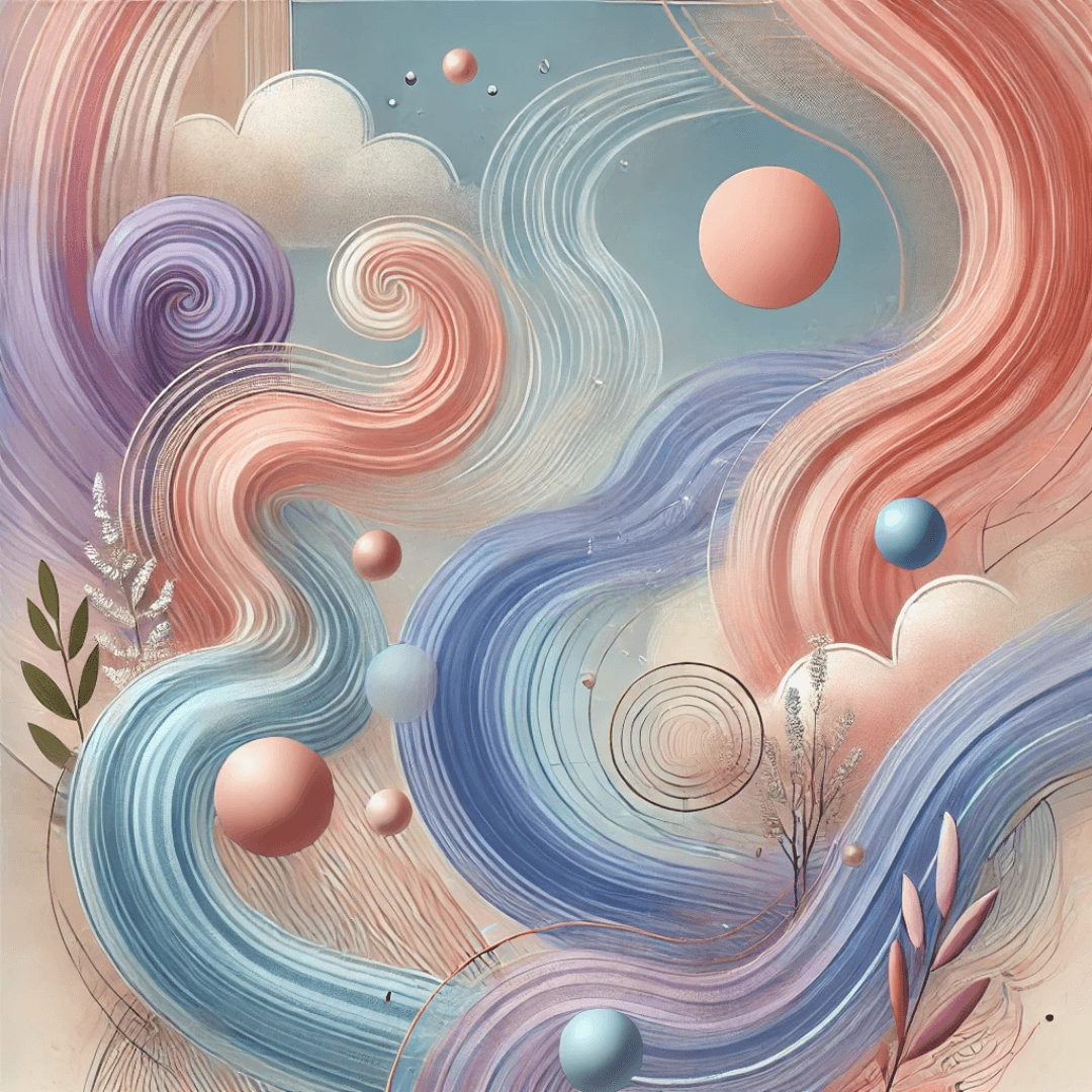 A serene abstract illustration depicting balance and flow in business, inspired by the Law of Rhythm. Pastel hues of blush pink, lavender, light blue, and peach blend with rose gold accents. Swirling patterns and organic overlapping shapes symbolize the cyclical nature of energy and growth, conveying calm and empowerment.