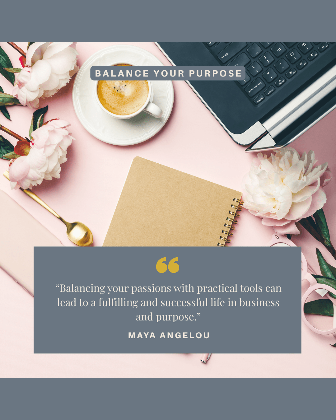 Open laptop, cup of tea, and handwritten notes symbolising balancing soulful purpose and simple business tools