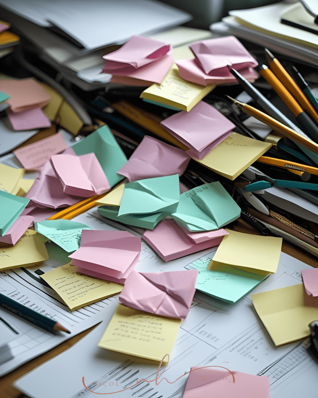 Cluttered desk with scattered notes illustrating overwhelm from business ‘shoulds’.