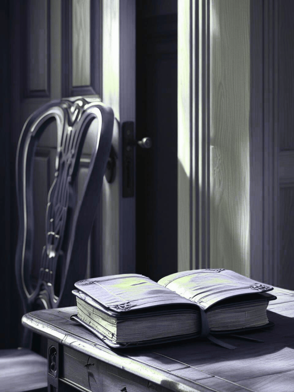 A photo of a journal, closed door, or empty chair.