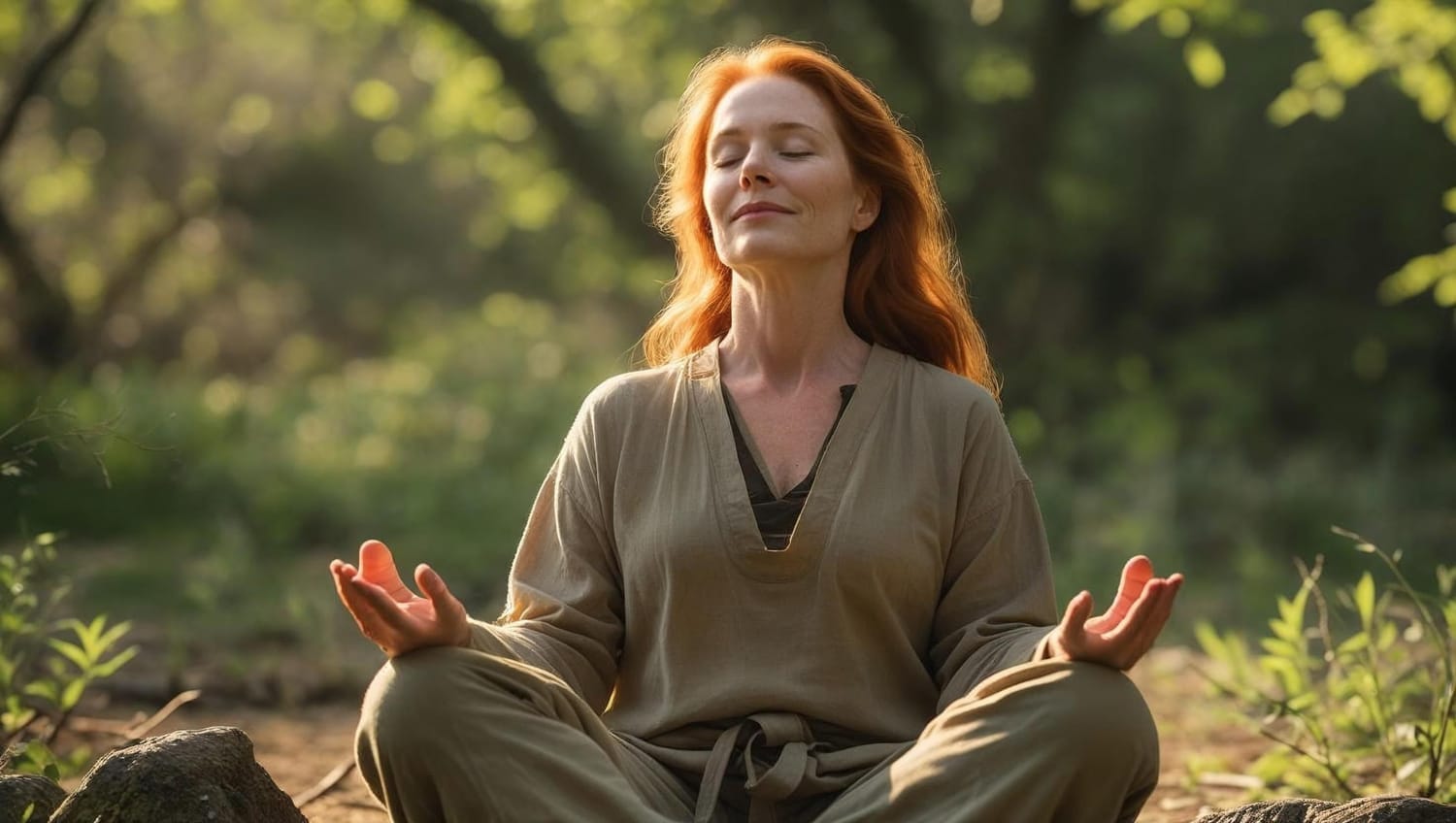 A woman sitting peacefully in nature or with eyes closed mid-breath