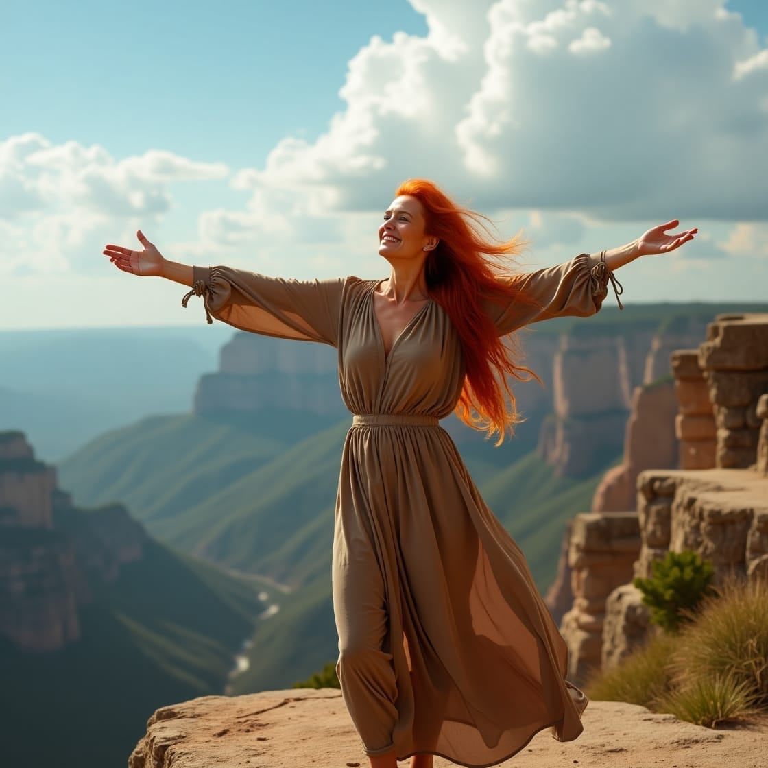A woman embodying inner strength and personal power, standing alone on a cliff