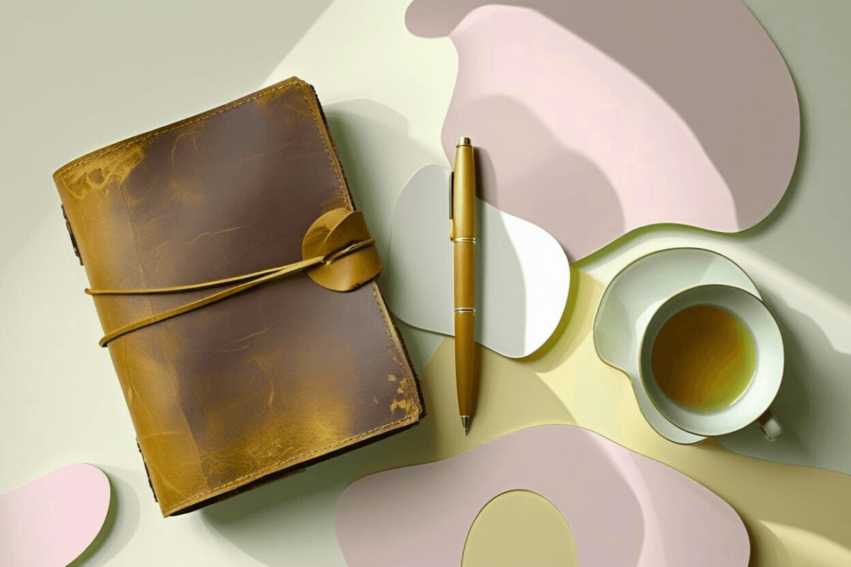 Abstract flat lay with a journal, tea cup, and pen on a soft pastel background, accented with organic flowing shapes in blush, peach, and rose gold tones
