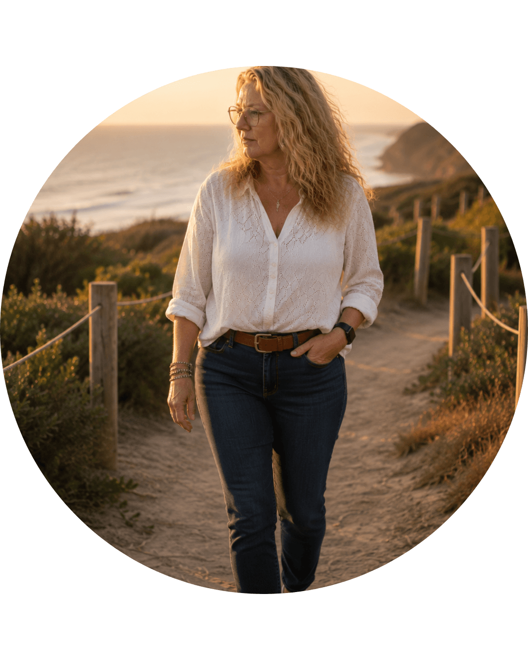 Nicol Heard, Intuitive Mentor and Creative Strategist, walking along a coastal path at sunset near Torquay, Victoria.