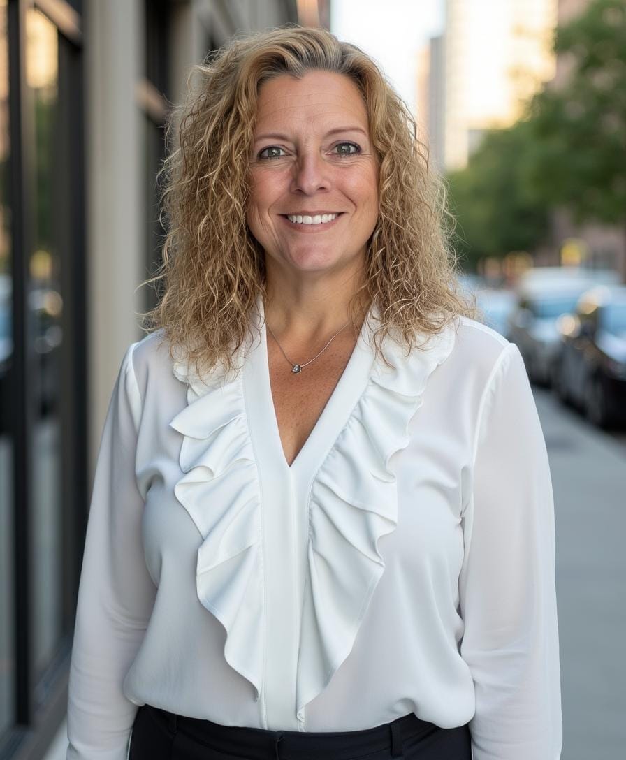 Leadership expert Vicky Barto smiling outside office building, representing integrity and experience.