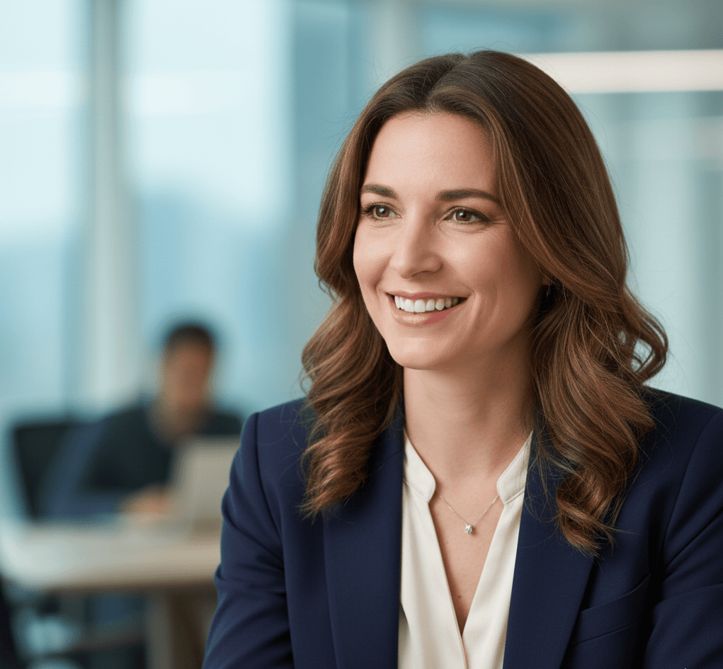 Professional businesswoman smiling confidently, representing leadership development and business growth at Xcel Leadership Group.