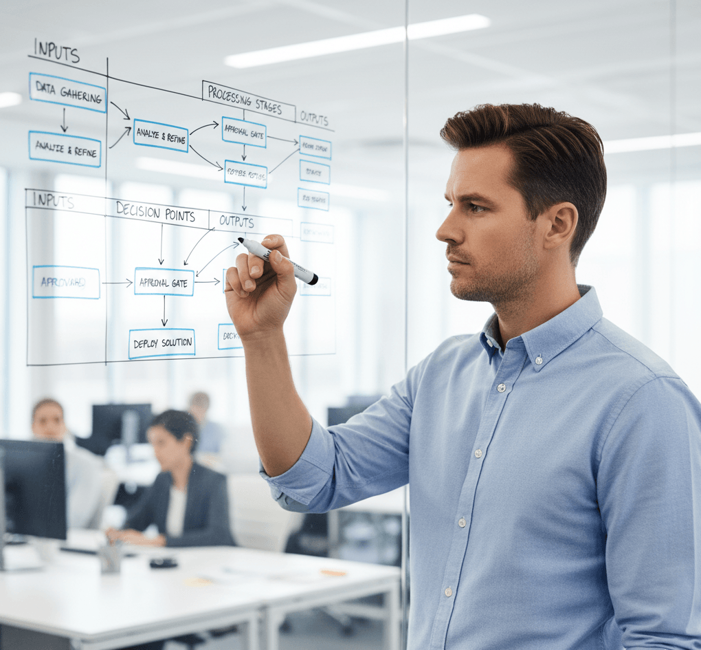 Team leader presenting streamlined workflows and standard operating procedures.