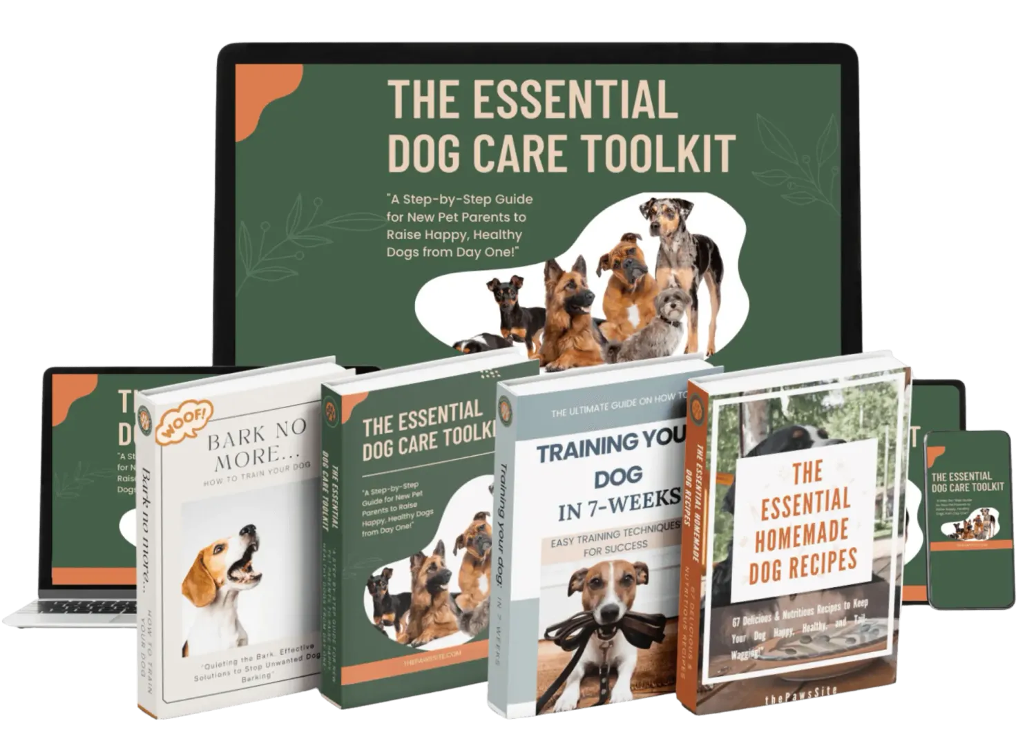 bundle dog care toolkit and bonus mockup in computer screen and books
