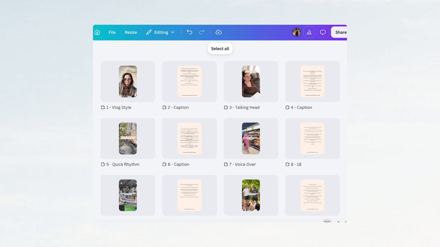 Canva's workspace with edited social media ready posts created by CULO Creatives 