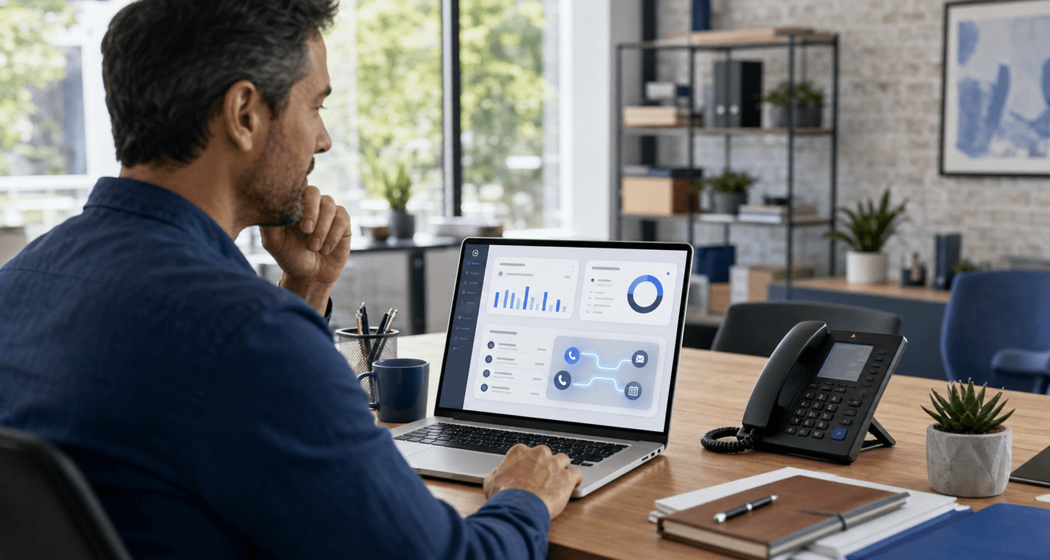 Business owner reviewing AI call follow-up dashboard