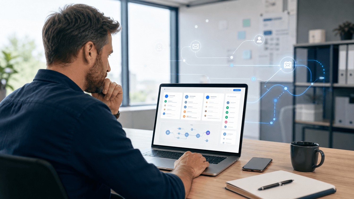 Business owner reviewing AI customer inbox automation dashboard