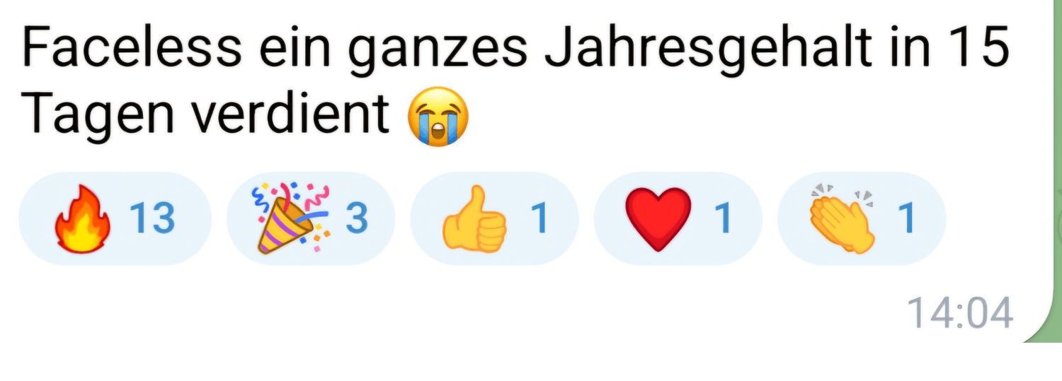 Screenshot einer WhatsApp-Nachricht mit weißem Hintergrund. Der Text besagt: ´Faceless ein ganzes Jahresgehalt in 15 Tagen verdient´und ist mit einem weinenden Emoji versehen. Darunter befinden sich fünf Emoji-Reaktionen:🔥Feuer (13), 🎉Party (3),👍Daumen hoch (1),💓Herz (1), und 👏Klatschende Hände (1). Die Uhrzeit 14:04 ist unten rechts sichtbar.  