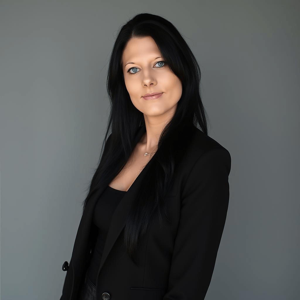 Professionelles Porträt einer Geschäftsfrau mit langen, schwarzen Haaren, stilvollem schwarzen Blazer und Top, die selbstbewusst vor einem grauen Hintergrund posiert. Perfekt für Business- oder Unternehmer-Webseiten.