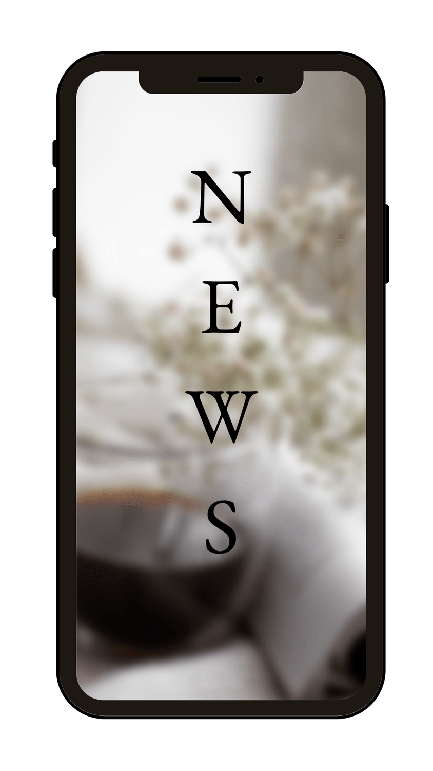 "Smartphone mit ´NEWS´-Anzeige auf unscharfem Hintergrund mit Kaffee und Blumen. Elegantes, minimalistisches Design für aktuelle Neuigkeiten und Updates."