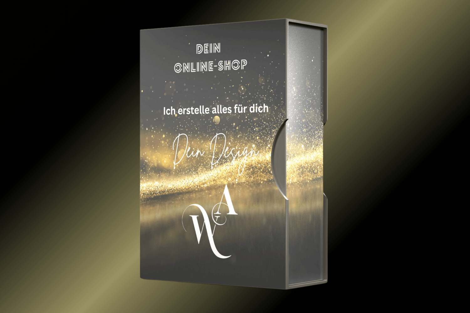 "3D-Produktbox mit elegantem Design für einen Online-Shop-Service. Text: ´Dein Online-Shop - Ich erstelle alles für dich - Dein Design´. Goldene Glitzeroptik auf schwarzem Hintergrund für ein luxuriöses Branding."