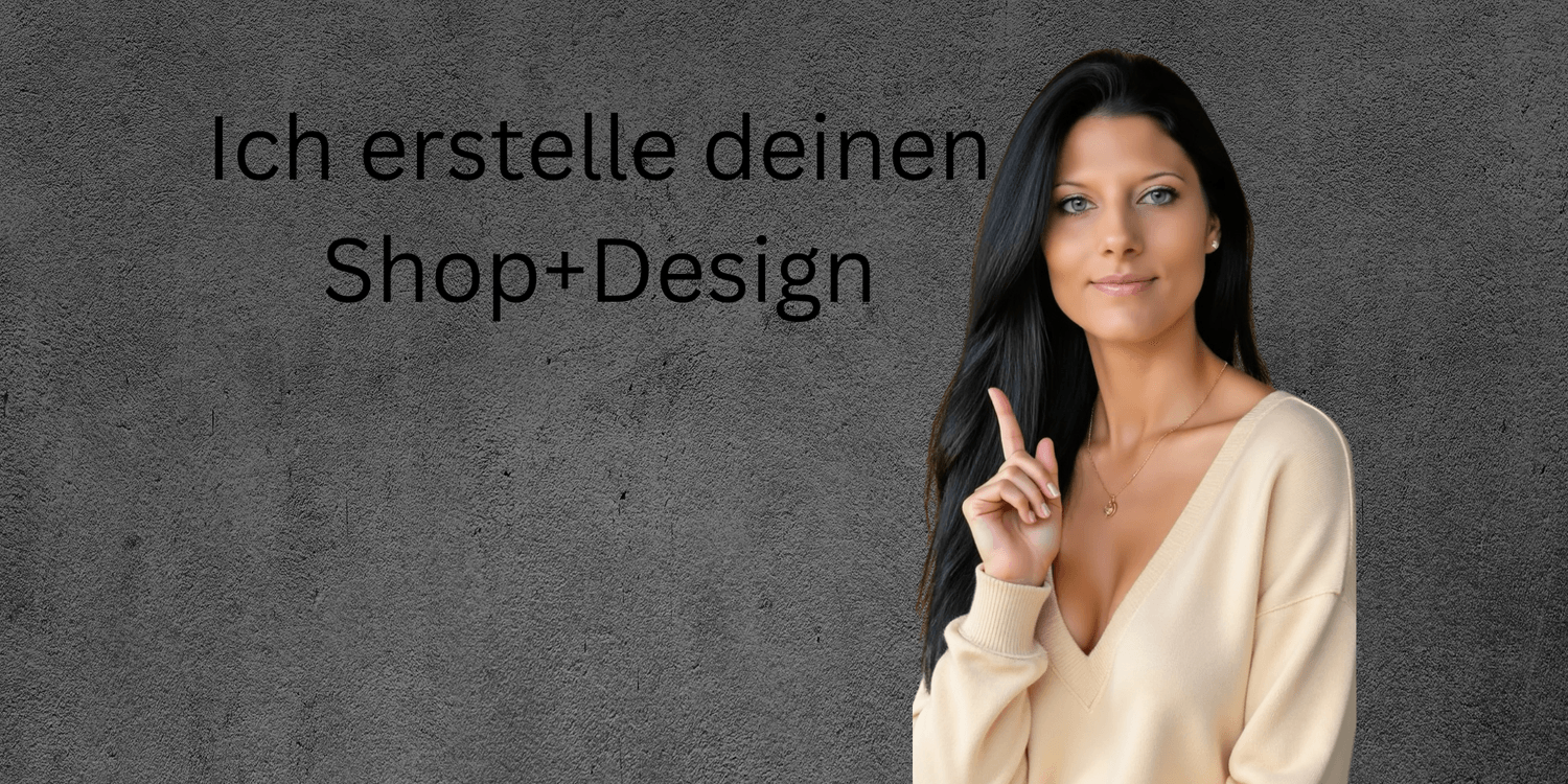 Frau mit langen schwarzen Haaren, hellem Pullover und dezentem Make-up steht vor einer dunklen Betonwand. Sie zeigt mit dem Zeigefinger nach oben. Links neben ihr steht in schwarzer Schrift: ‚Ich erstelle deinen Shop + Design‘. Das Bild symbolisiert ein professionelles Angebot zur Erstellung und Gestaltung von Online-Shops, ideal für Selbstständige und Gründer im digitalen Business.