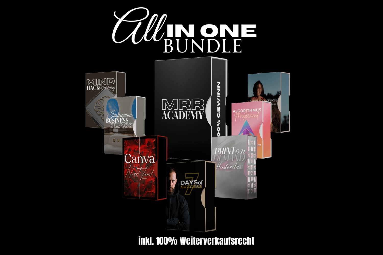 Das Bild zeigt ein hochwertig gestaltetes All-in-One-Bundle für digitale Produkte auf einem dunklen, modernen Hintergrund. Im Zentrum stehen mehrere digital visualisierte Produktboxen, die verschiedene Onlinekurse und Infoprodukte repräsentieren. Zu sehen sind unter anderem Titel wie „MRR Academy“, „Mind Hacking“, „Instagram Business Class“, „7 Days of Success“, „Algorithmus Mastermind“ und weitere Kurse, die sich thematisch mit Online-Marketing, Mindset, Social Media Strategien und dem Aufbau eines digitalen Business beschäftigen.  Die einzelnen Produkte sind in einem ansprechenden, professionellen Design gehalten, mit klaren Farben und modernen Schriften. Der visuelle Stil vermittelt sofort den Eindruck von Wertigkeit, Struktur und Klarheit. Am unteren Rand des Bildes befindet sich ein Hinweis auf das 100 %ige Weiterverkaufsrecht, was besonders für digitale Unternehmer, Reseller und Affiliates von Bedeutung ist. Die Komposition des Bildes ist so gestaltet, dass sie Vertrauen, Professionalität und digitale Kompetenz ausstrahlt.