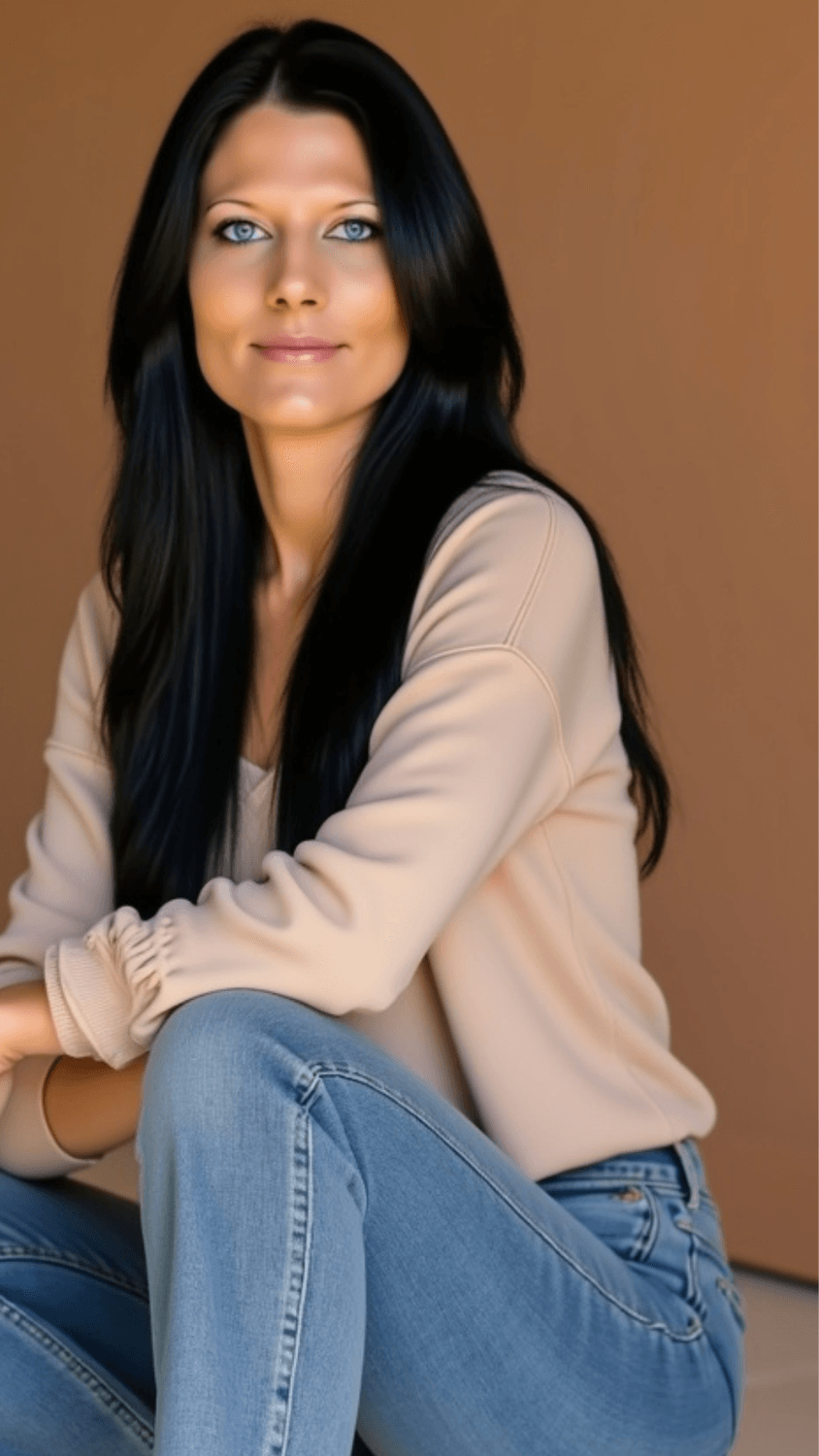 "Professionelle Businessfrau in schwarzem Blazer und weißer Bluse, steht selbstbewusst vor einem grauen Hintergrund. Perfekt für Coaching, Business-Beratung oder Personal Branding."