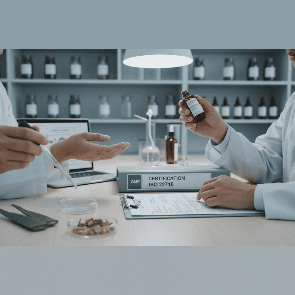 Two lab specialists reviewing a sample beside GMP ISO 22716 documents, representing the evaluation and certification process of manufacturers.