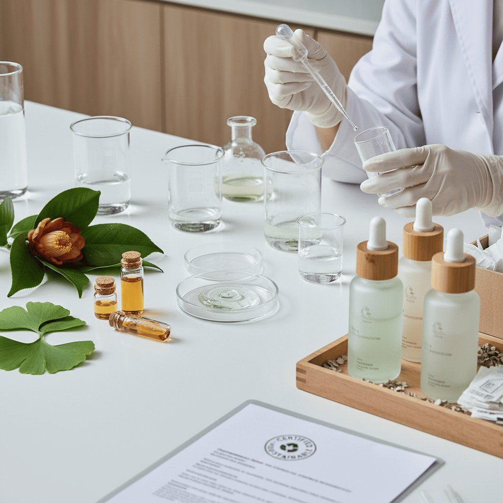 A lab professional using a pipette to test formulas among plant-based ingredients and samples, highlighting the formulation development stage.