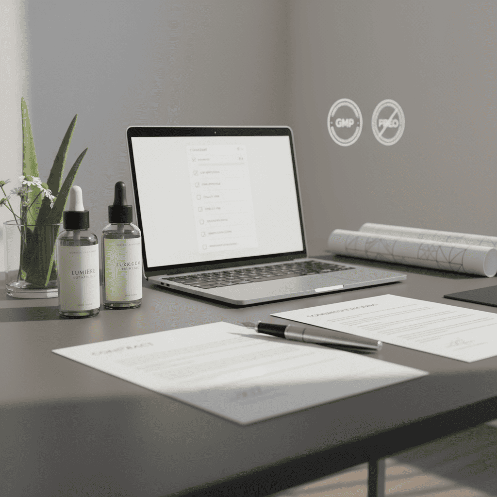 A desk with a laptop, contract papers, and serum bottles, representing the stage of reviewing agreements and aligning terms with the manufacturer.