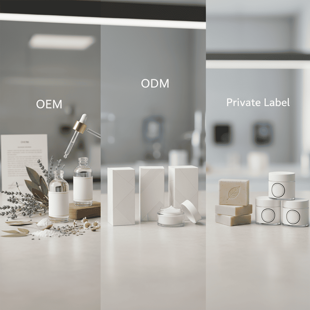 OEM, ODM and private label products shown side-by-side, highlighting how each model differs in formulation control and branding flexibility.