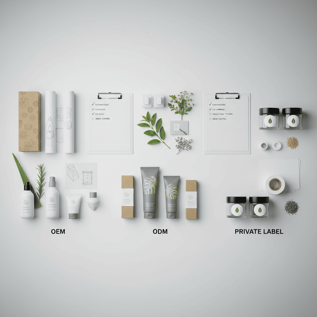 Top-down layout of OEM, ODM and private label workflows, illustrating how design sketches, formulas and packaging vary across models.