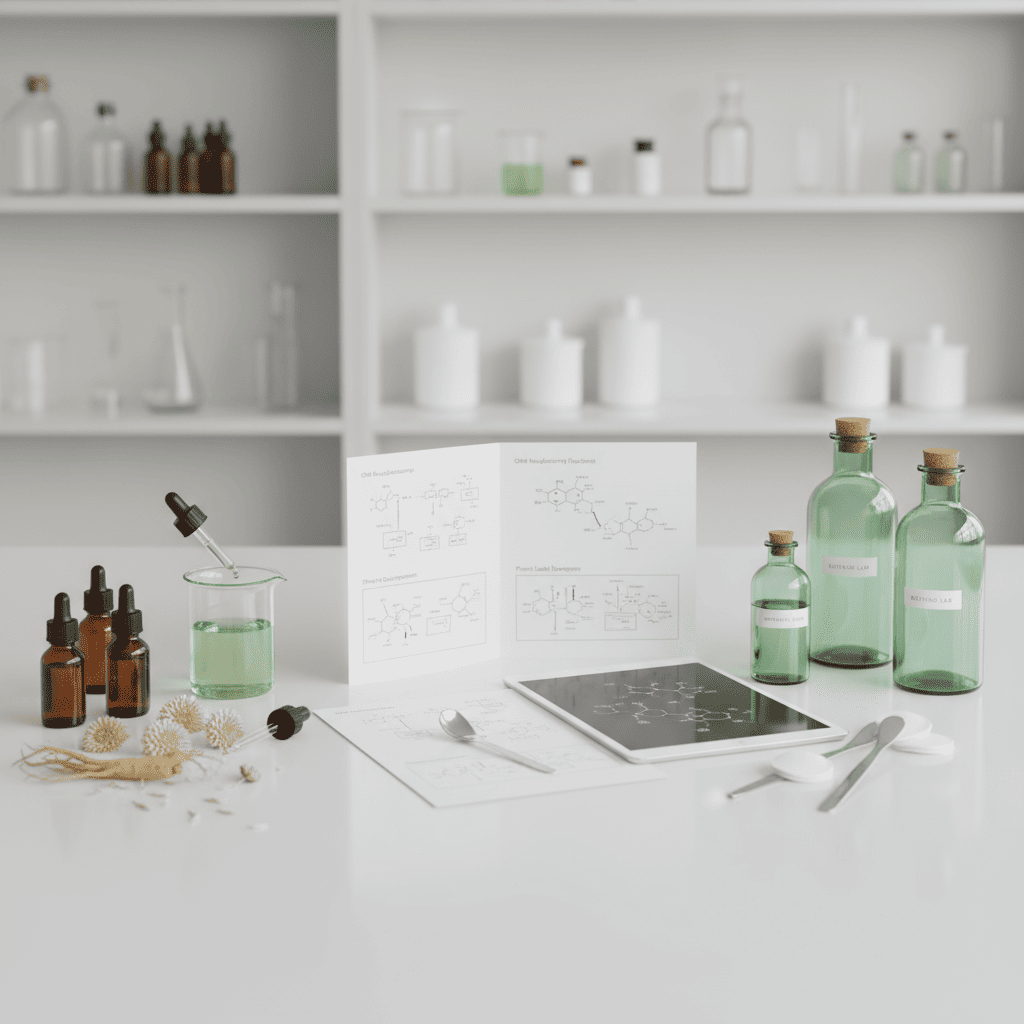 Glass bottles, botanical extracts and formulation diagrams arranged in a lab setting, emphasizing research and ingredient analysis for OEM and ODM work.