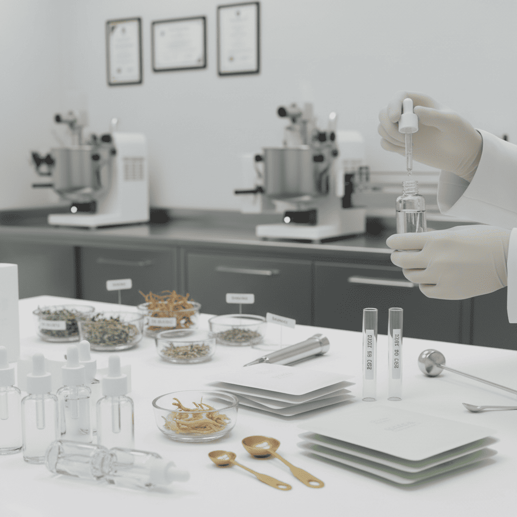 A lab technician prepares serum samples beside labeled botanicals, illustrating early formulation work essential for flexible low MOQ production.