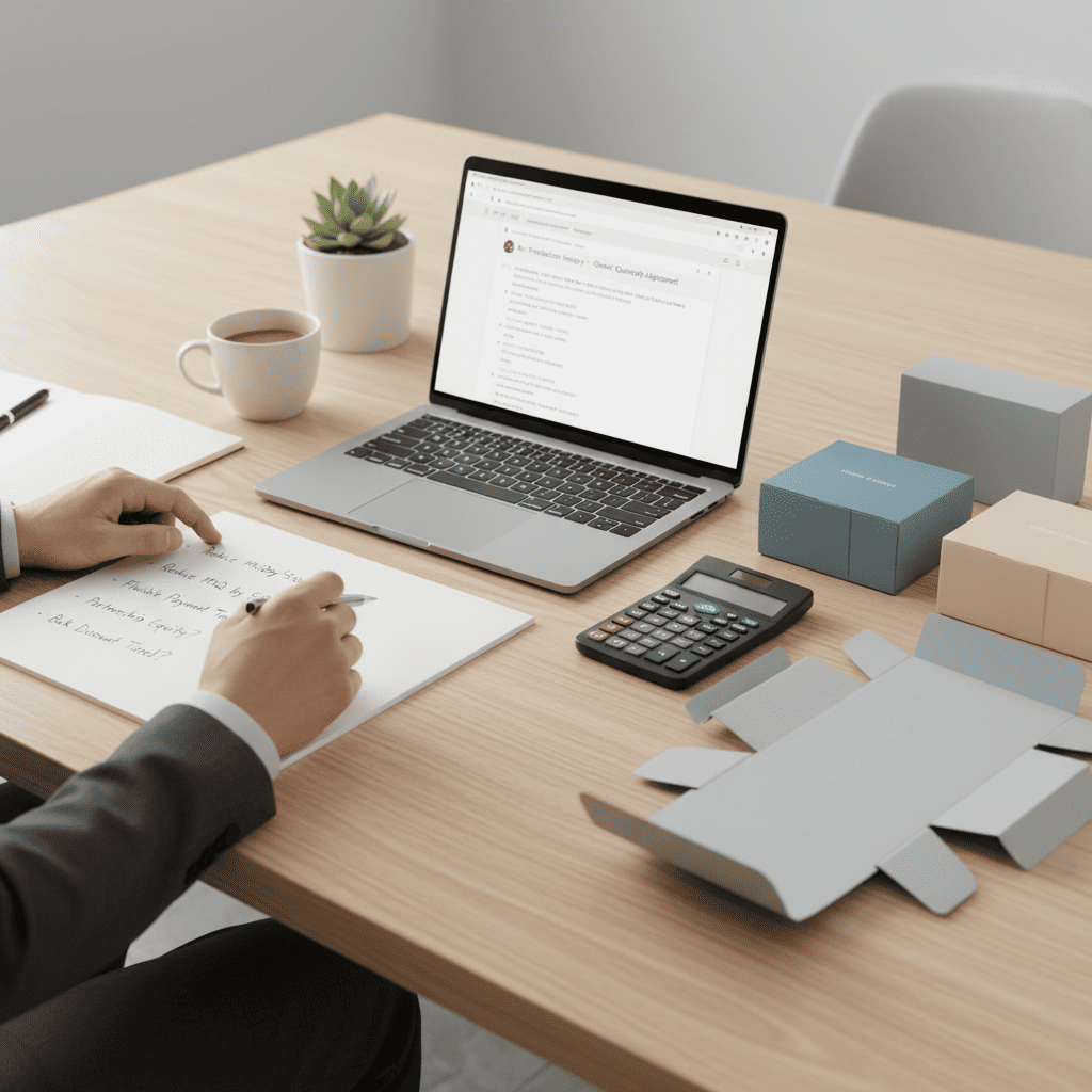 A founder reviews packaging costs and supplier details while calculating budgets, reflecting the planning required to manage MOQs effectively.